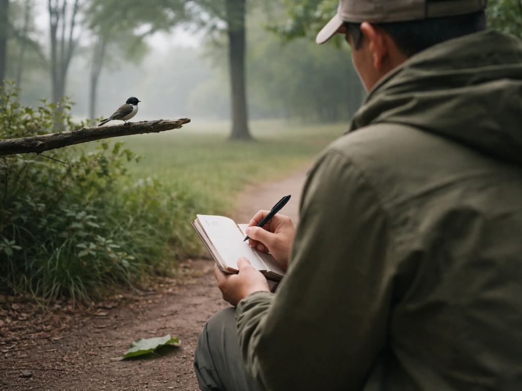 Back view of a person writing weather/time notes in a park while a small bird perches nearby.