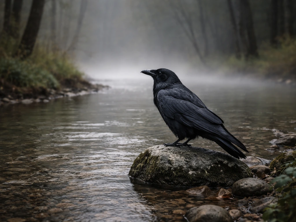 A dark raven perched at the edge of a quiet brook with soft light filtering through trees
