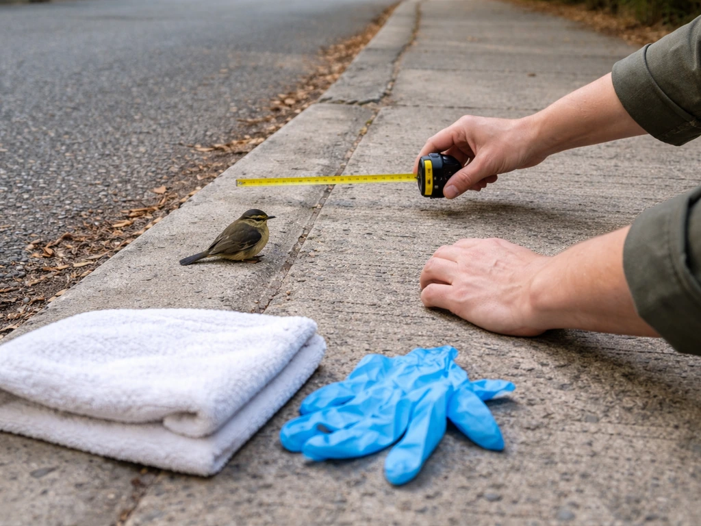 Person at a safe distance gently checks a small bird on a sidewalk with gloves and a towel