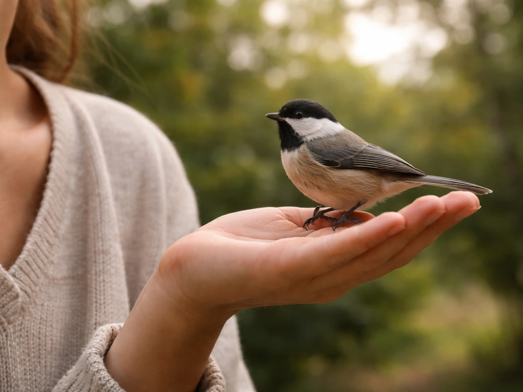 A small wild bird perched on an open hand and resting near a person’s shoulder outdoors.