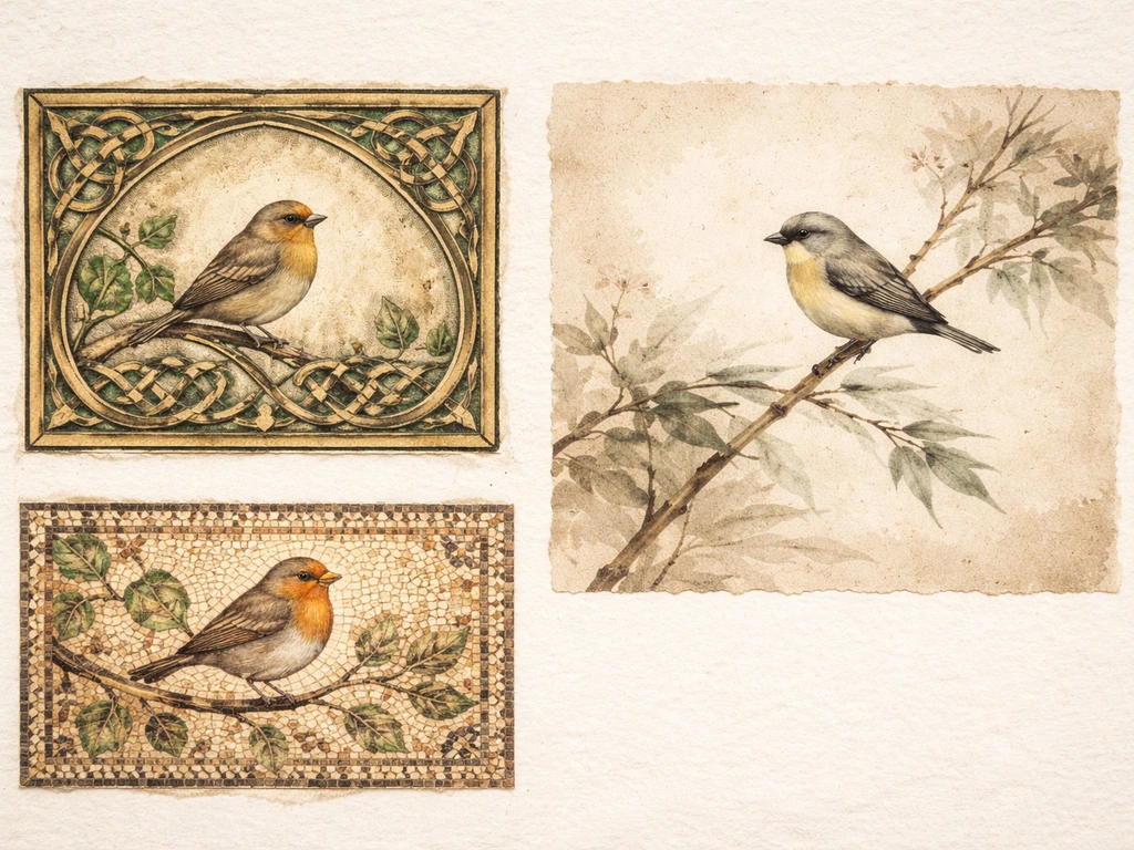 A minimal collage of birds in different traditional folk-style motifs across varied backgrounds