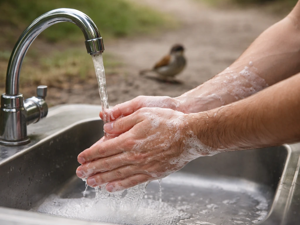 Person gently washing bare hands with soap and water after a bird lands nearby outdoors