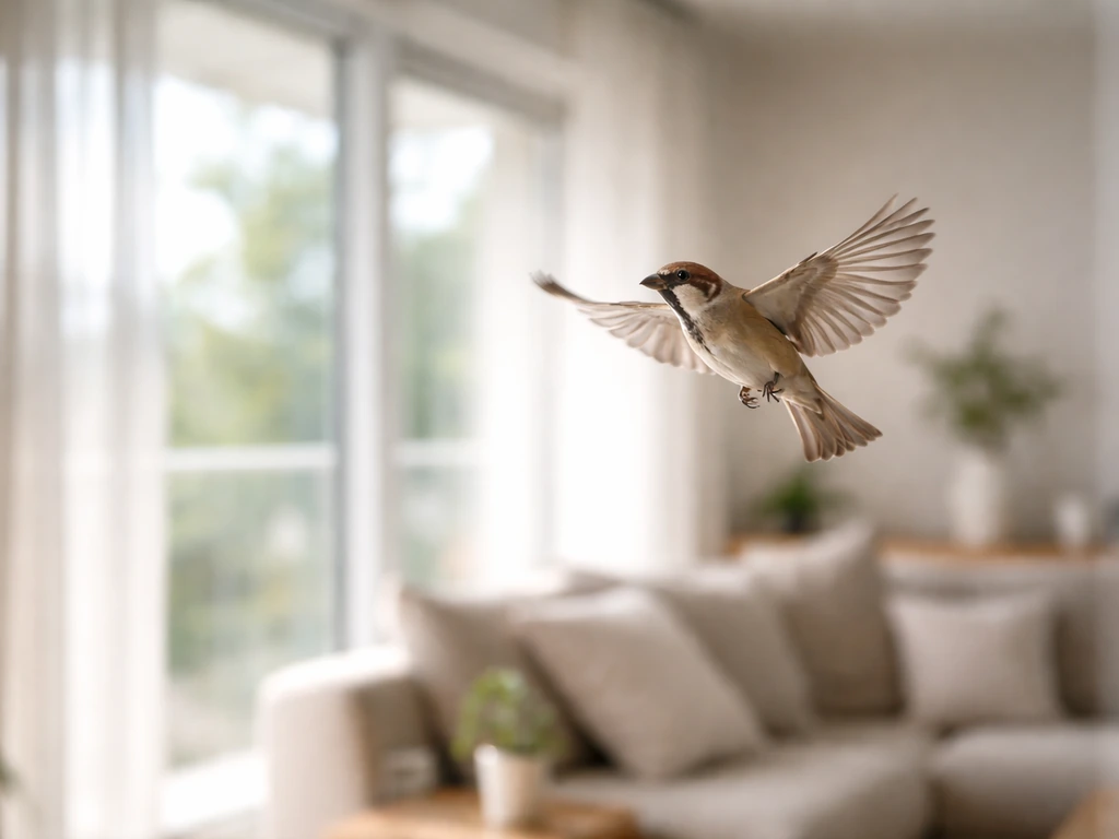 Small bird flying inside a bright living room near a sunlit window with glass reflections.