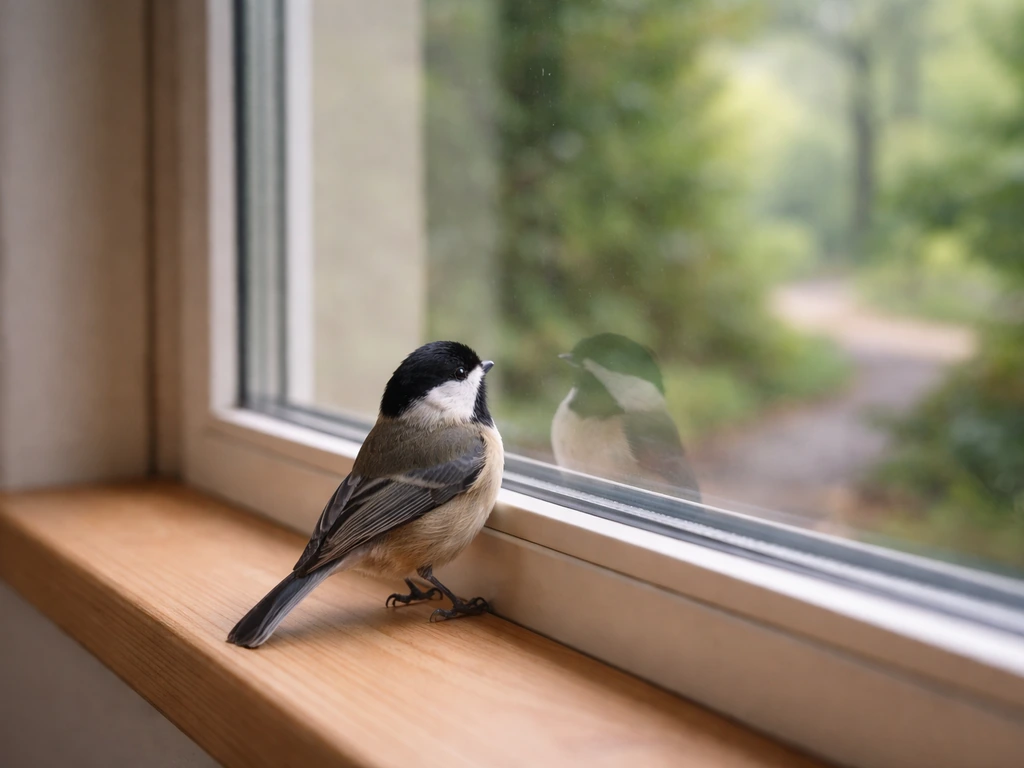 A small bird near a window pane, seemingly disoriented by reflections of outdoor vegetation.