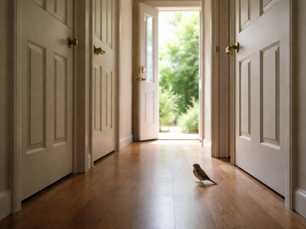 A small bird on the floor in a quiet room, with closed doors behind and one open exit to daylight.
