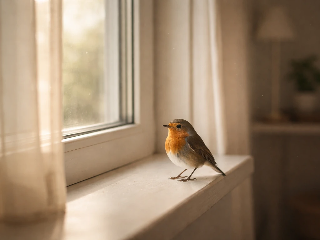 A small bird calmly perched on a windowsill indoors with soft natural light and a peaceful mood.