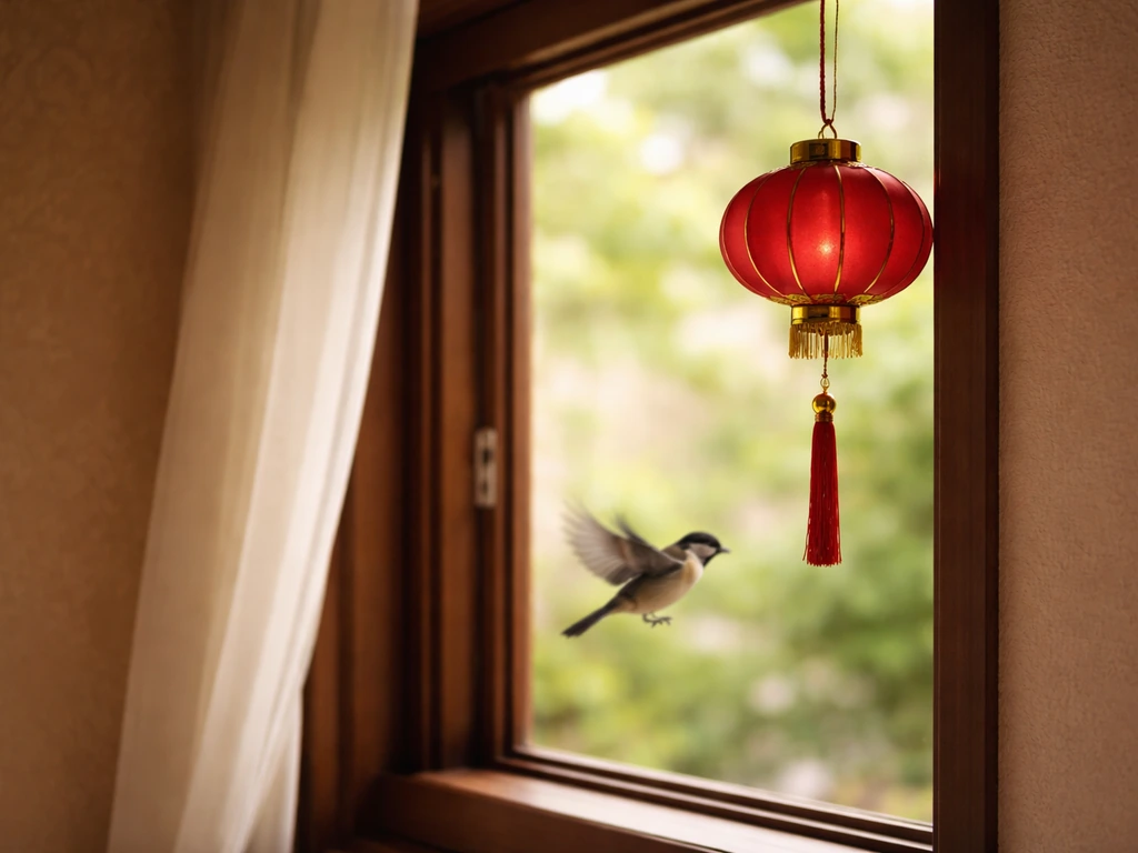 A small bird perched near an open window, with a red Chinese-inspired lantern and subtle pattern décor indoors.