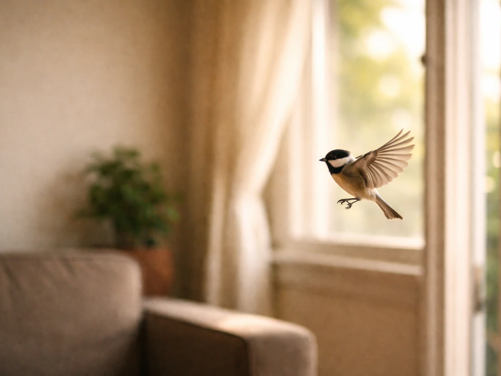 A small bird fluttering in a sunlit living room near an open window