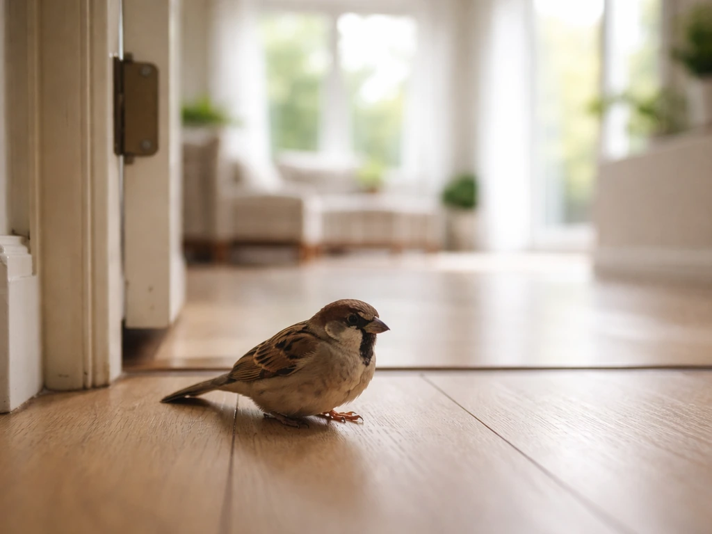 A small sparrow inside a bright room near an open doorway with windows in the background.