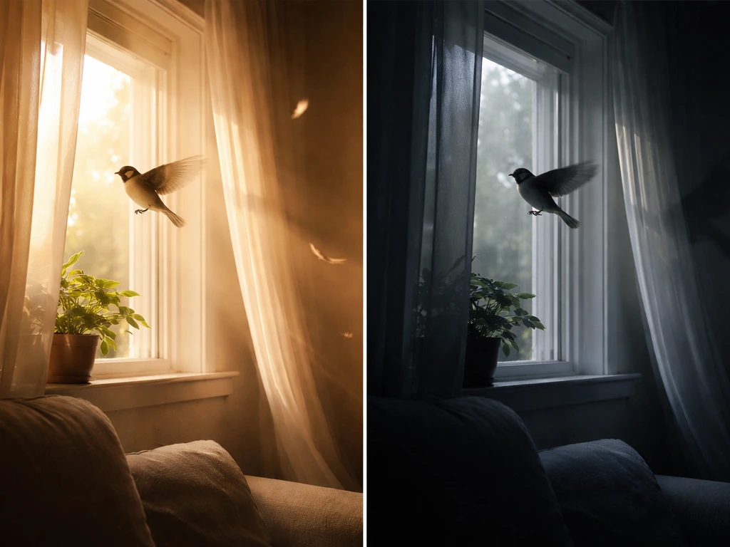 Bird fluttering near an open window with one side bright, the other side shadowy to suggest luck vs bad luck.