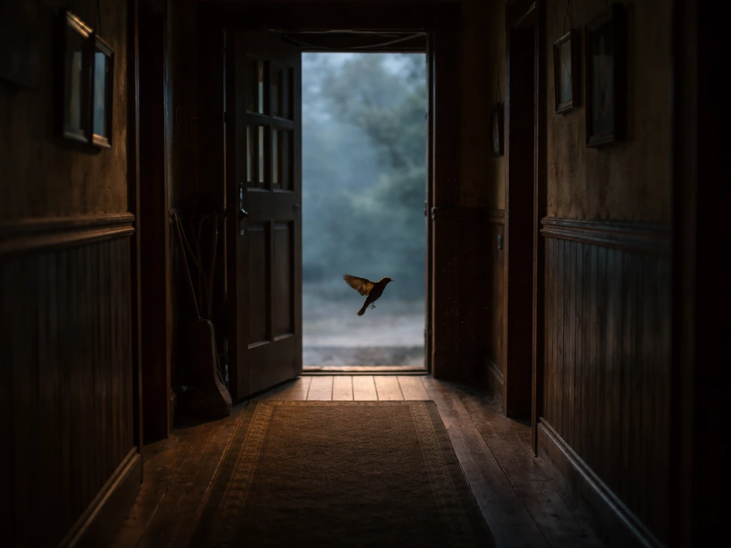 A small bird hovering in a dim house hallway near the doorway at dusk, ominous but realistic.