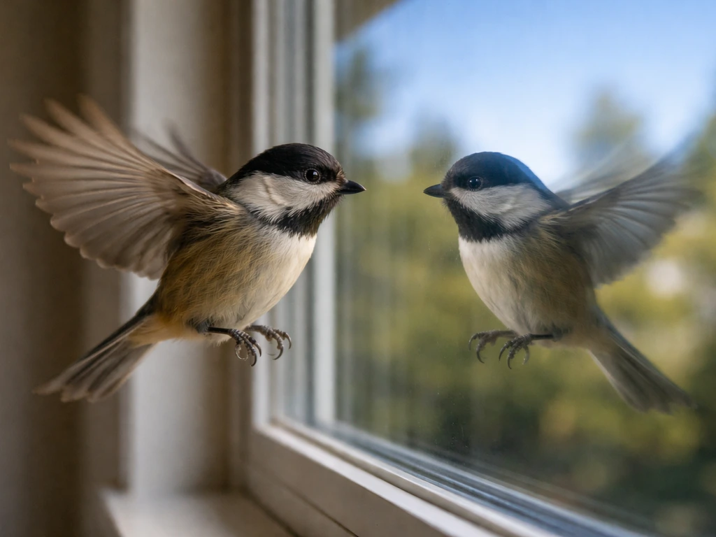 Close-up of a small bird near reflective window glass showing sky and trees, confused and approaching.