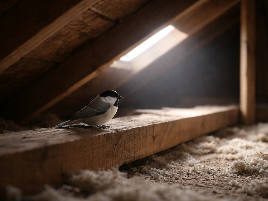 Small bird perched on attic rafters near a small opening, showing practical entry context.