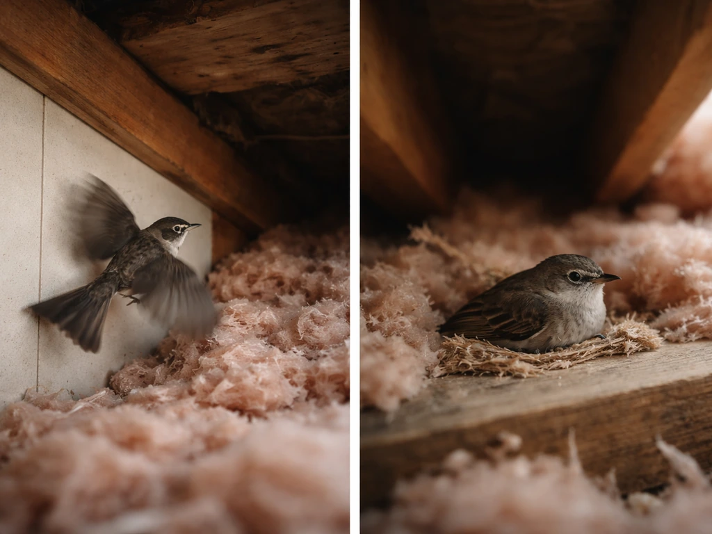 Two simple attic scenes: disoriented bird fluttering near insulation, and a perched bird tucked as if nesting.