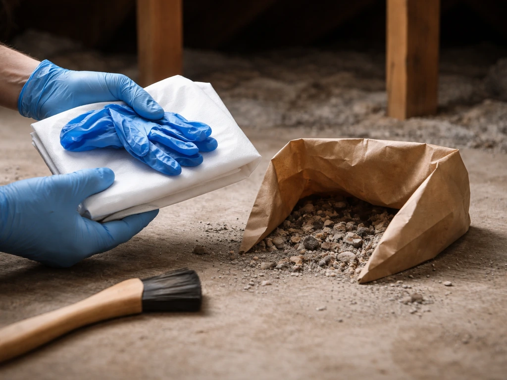 Gloved hands holding disposable PPE while covering a contaminated area with a paper bag and brush