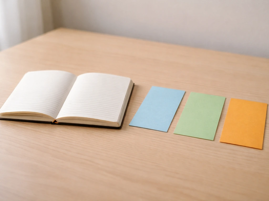 Minimal tabletop scene showing a notebook with simple colored cards suggesting different interpretations