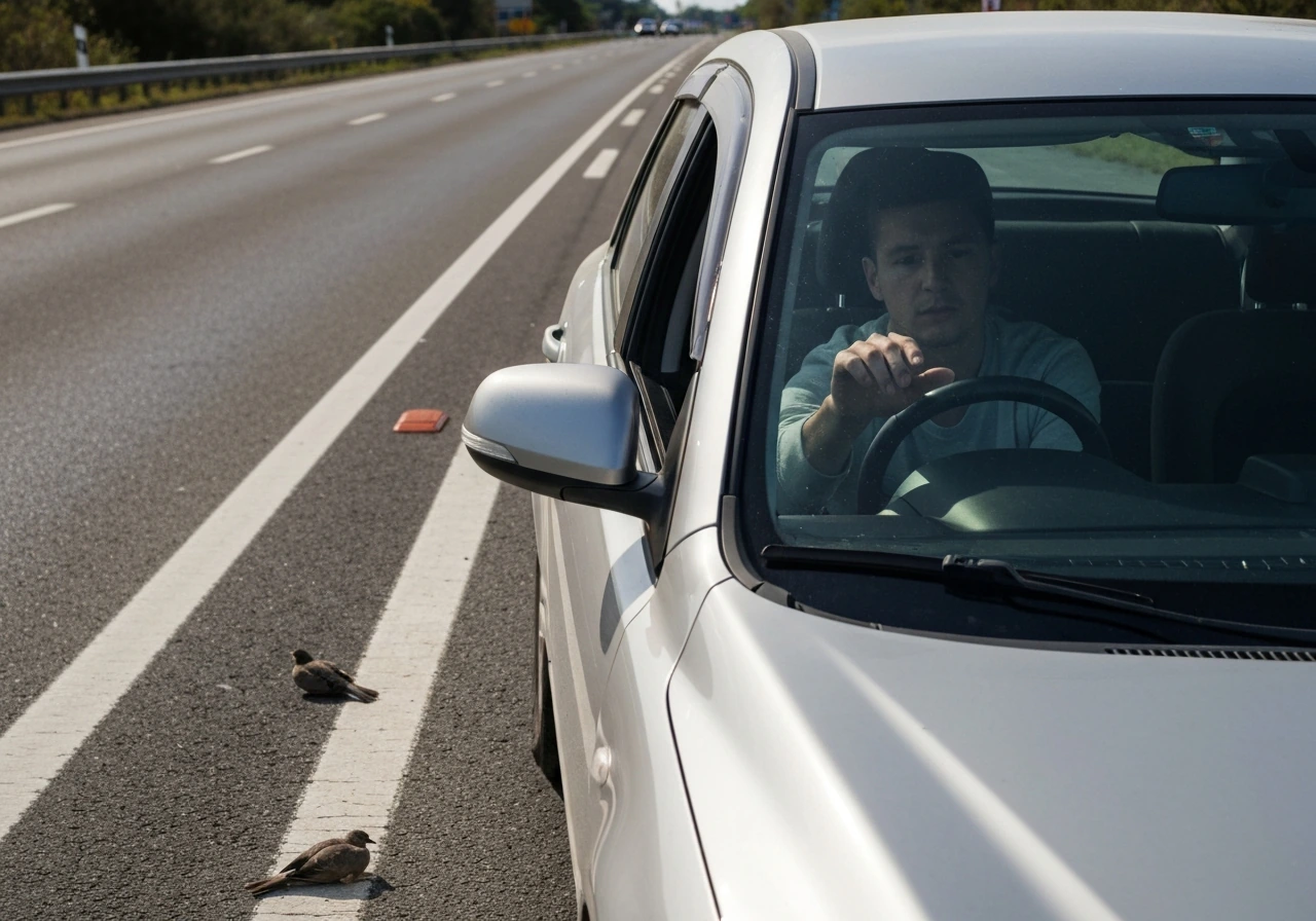 Driver safely parked by the roadside, checking near the front windshield after a bird impact