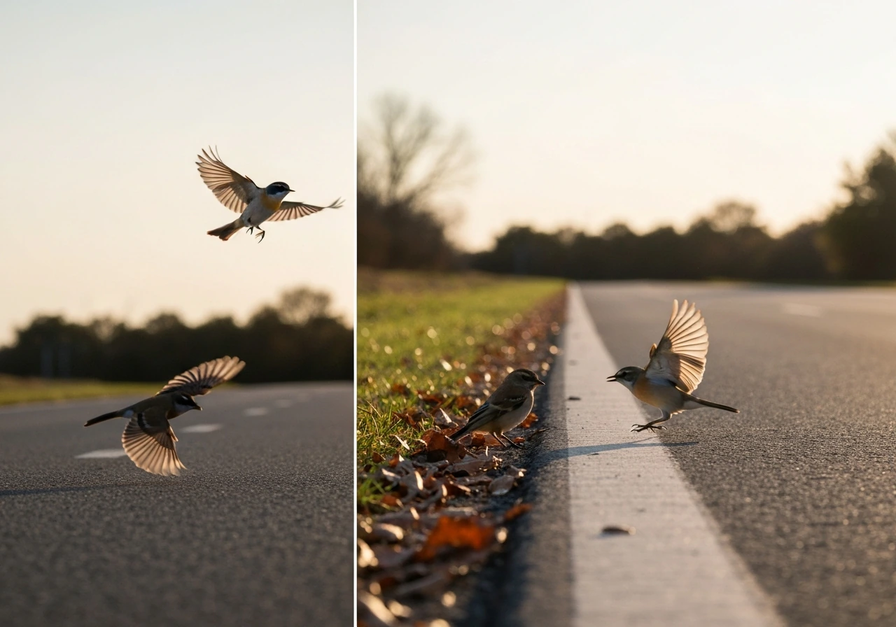Three small wind-driven birds over a quiet road shoulder with wind-blown leaves, symbolic and calm.