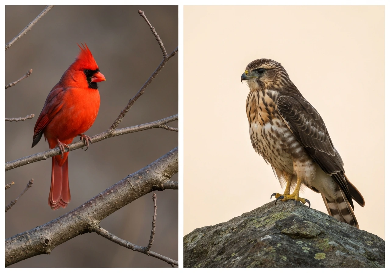 Close-up collage of a red cardinal and a perched hawk in soft dawn light, feather detail visible.