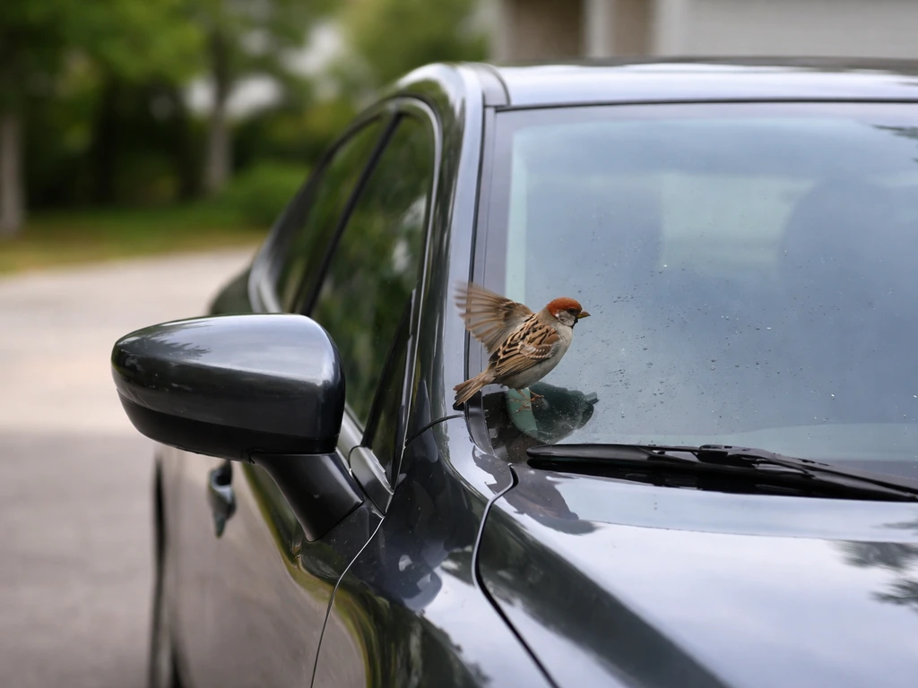 A bird perched by a parked car’s windshield and mirror outdoors, implying repeated pecking risk.