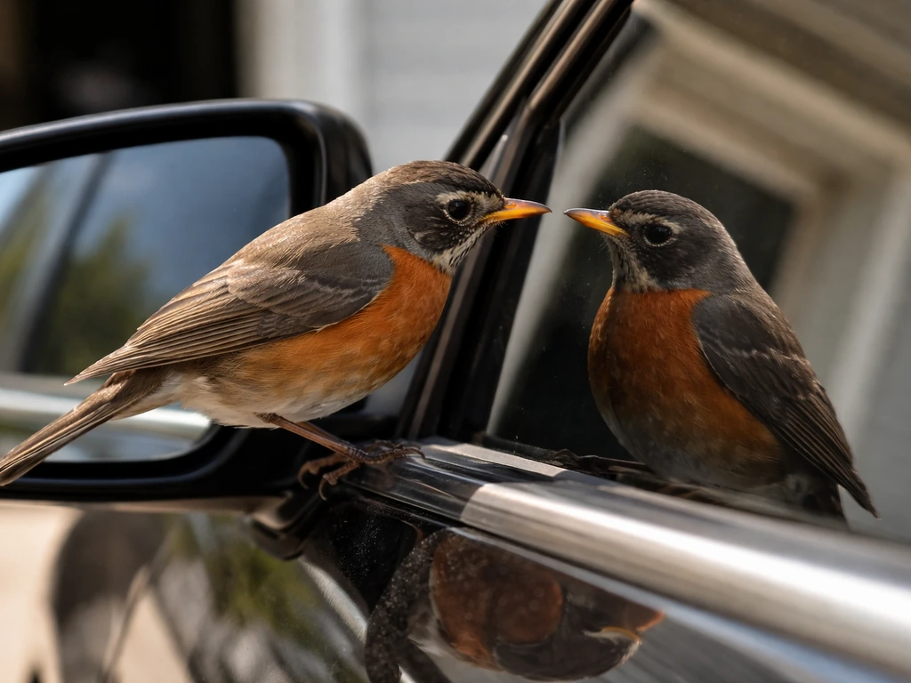A small backyard bird perched near a car side mirror, with sharp reflection on the car paint.