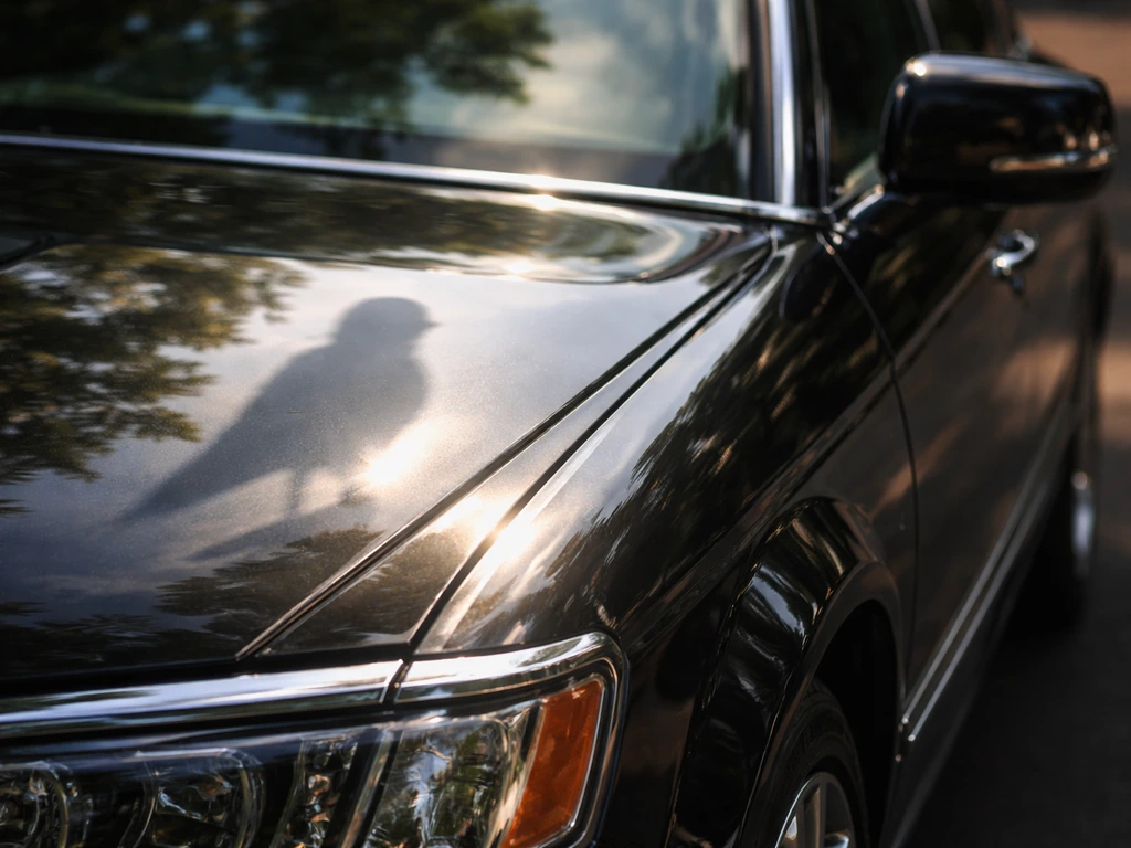 Car chrome trim and windshield reflections form a bird-like outline on the vehicle.