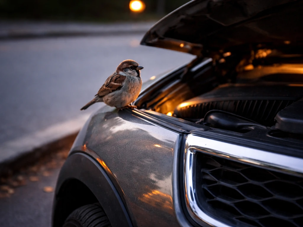 A small bird perched near a parked car’s front grille, with warm engine area subtly implied at dusk.