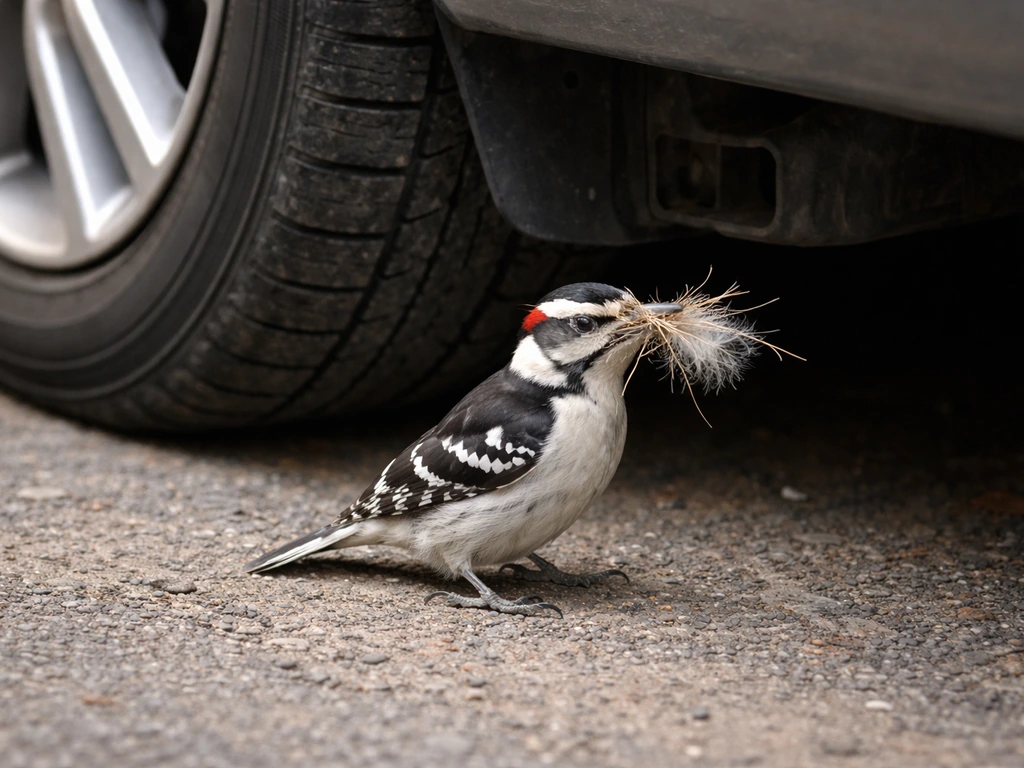 Small bird carrying twigs near a car’s wheel well, suggesting nesting behavior.