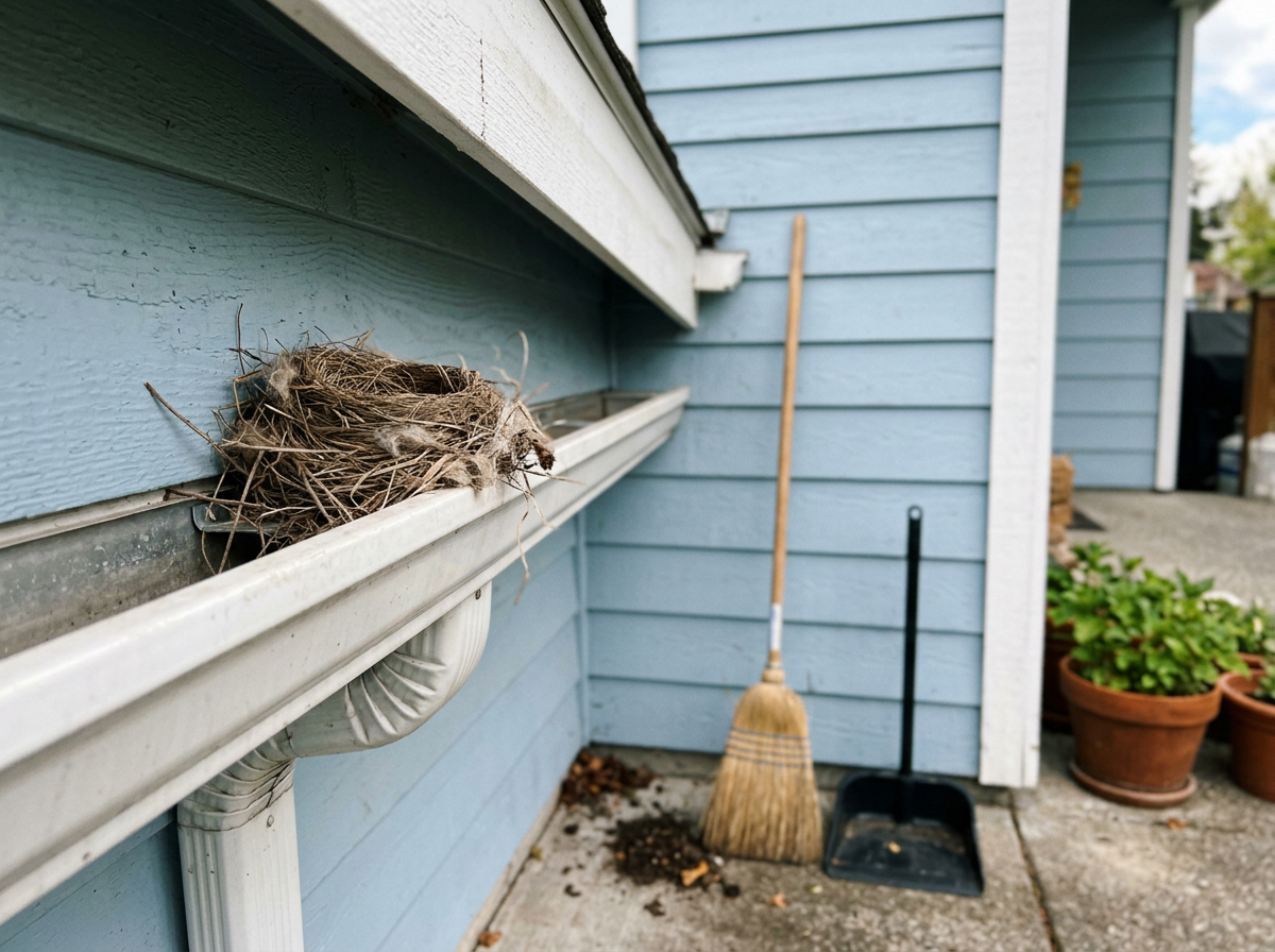 Fledgling fallen near a nest on a gutter ledge