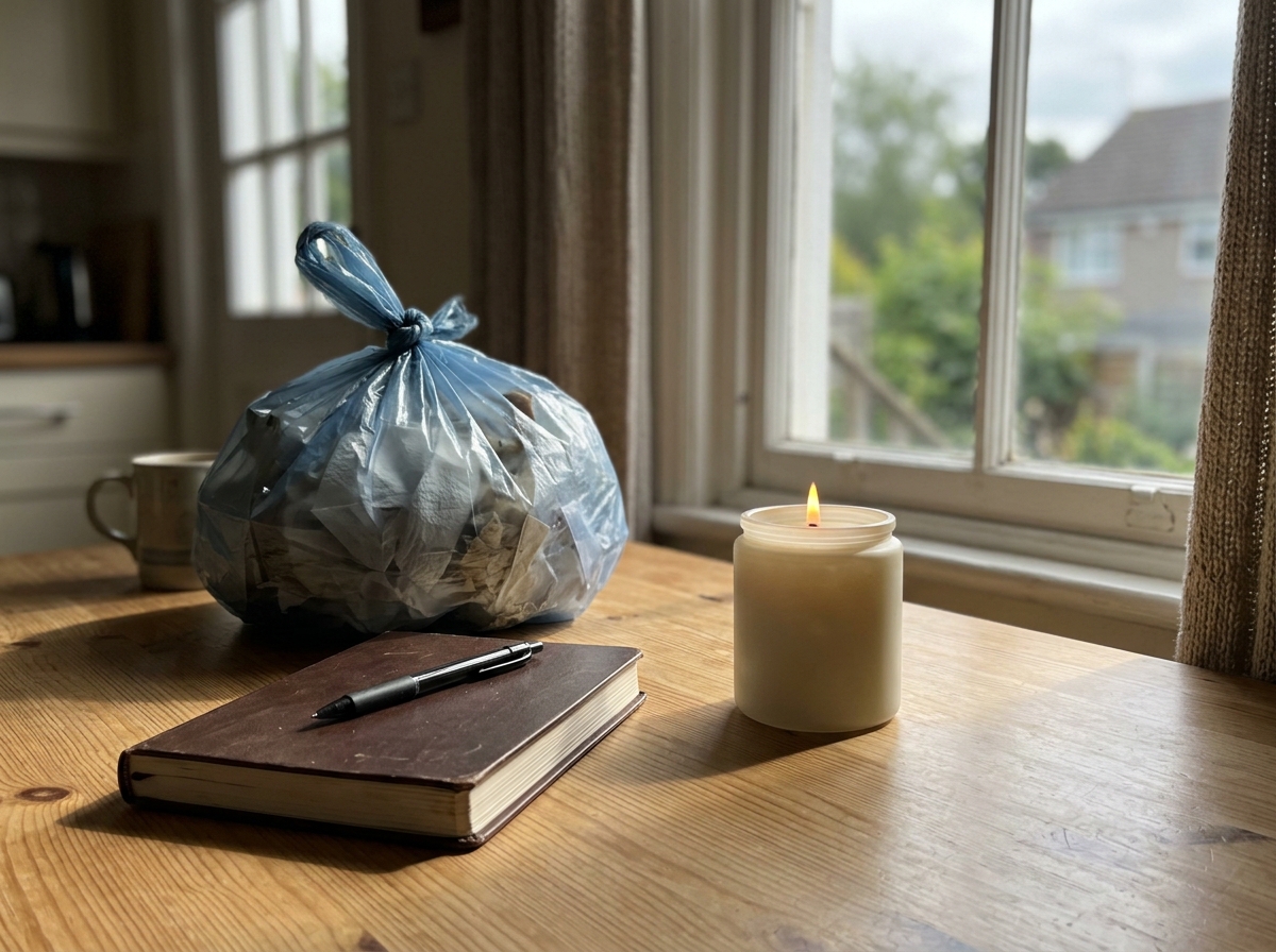 Prayer or reflection with a candle and a small symbolic card near a cleanup bag