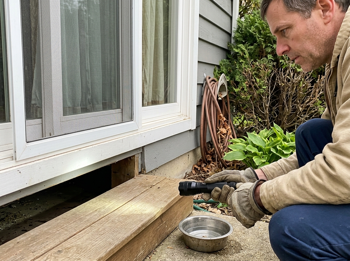 Checking outdoor hazards: looking under a porch and around windows