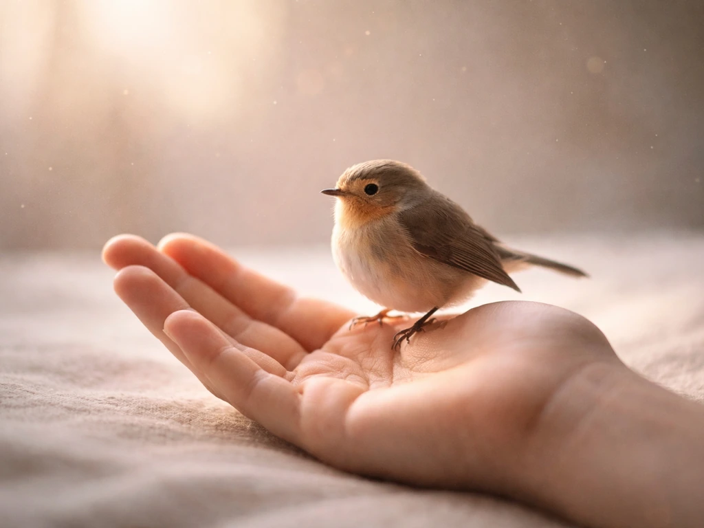 A small bird gently lands on an open hand in a soft, calm dreamlike light.
