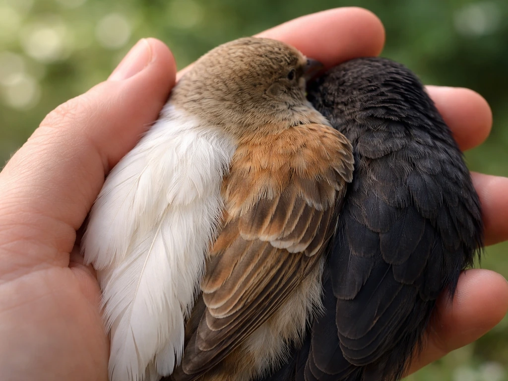 Close-up of a hand holding a small bird with feathers showing dove, finch, and blackbird color tones.
