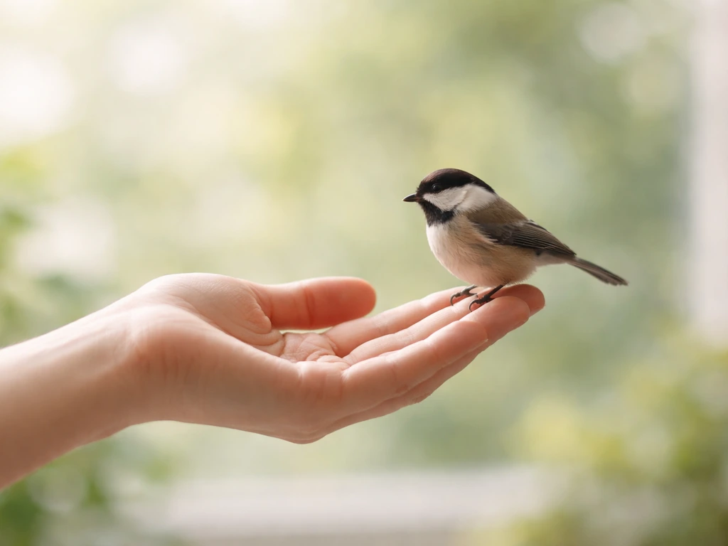 Calm open hand in natural light with a small bird perched near the fingertips in a quiet setting.