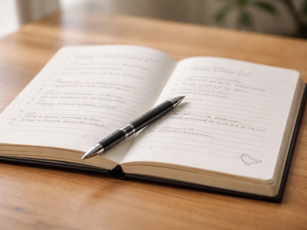 Open notebook with handwritten journaling prompts, pen resting on the page, small bird sketch in the margin.