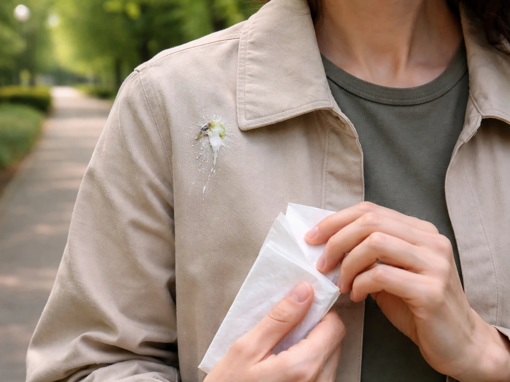 Close-up of a bird droplet on a person’s shoulder as they carefully prepare to wipe it clean.