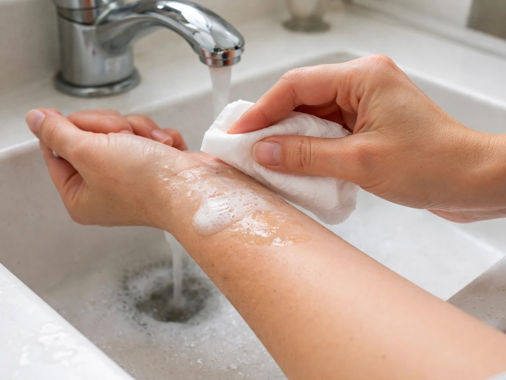 Close-up of hands blotting and washing a small skin smear at a sink with soap and water.