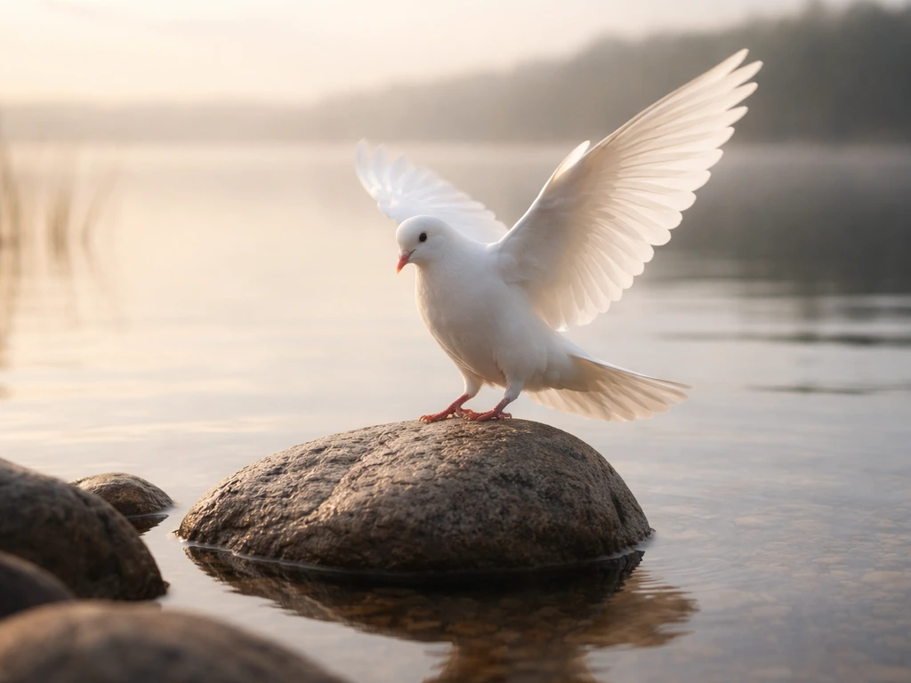 A white dove lands on a stone by quiet water under soft morning light.