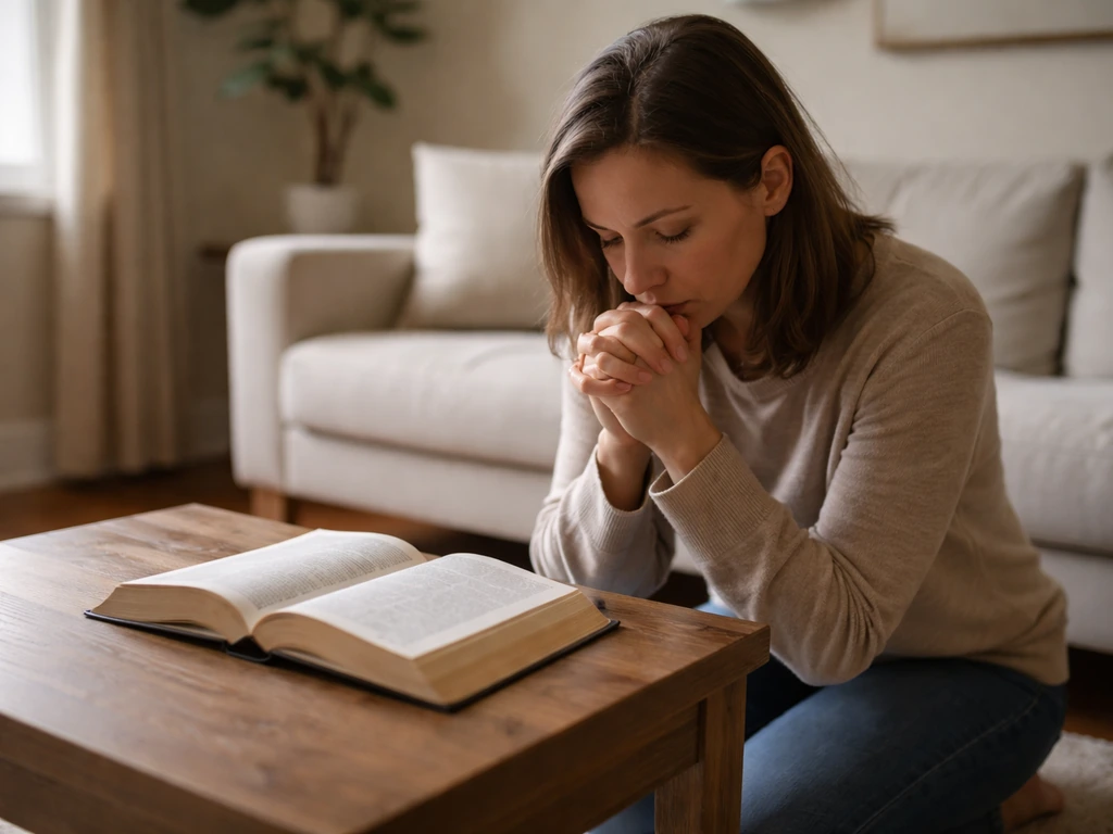 Kneeling person praying beside an open Bible on a small table in a calm, softly lit room.