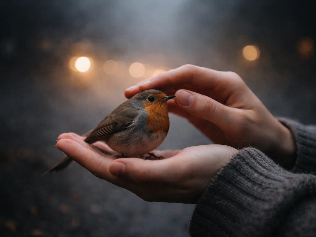 Hands gently petting a small bird on an open palm with soft glowing dreamlike light