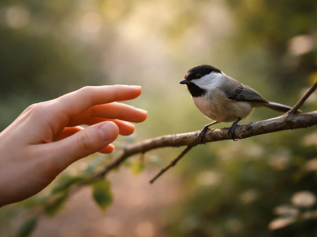 Calm hand reaching toward a small receptive bird on a branch in soft morning light.