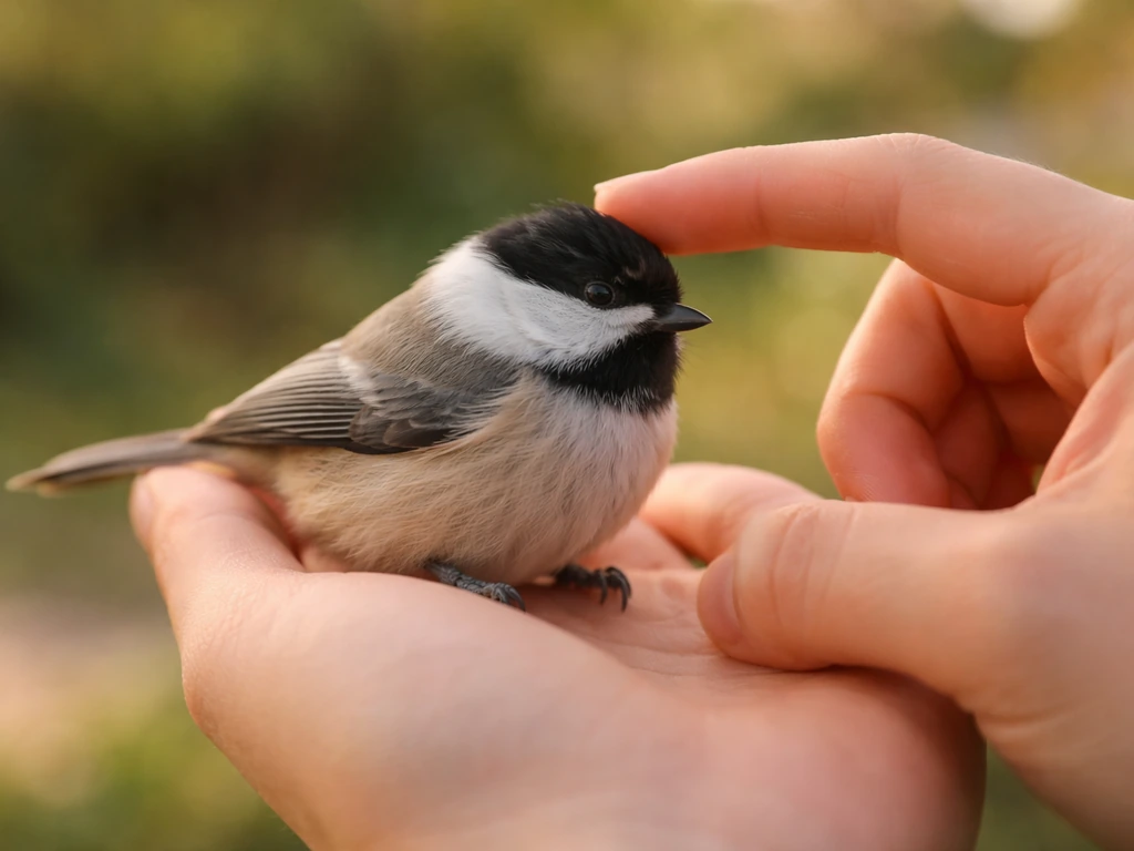 Tame small bird perched on an open palm, leaning into gentle petting in soft natural light