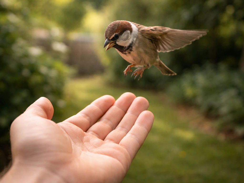 A cautious wild bird pecks near an outstretched hand in a quiet outdoor setting.