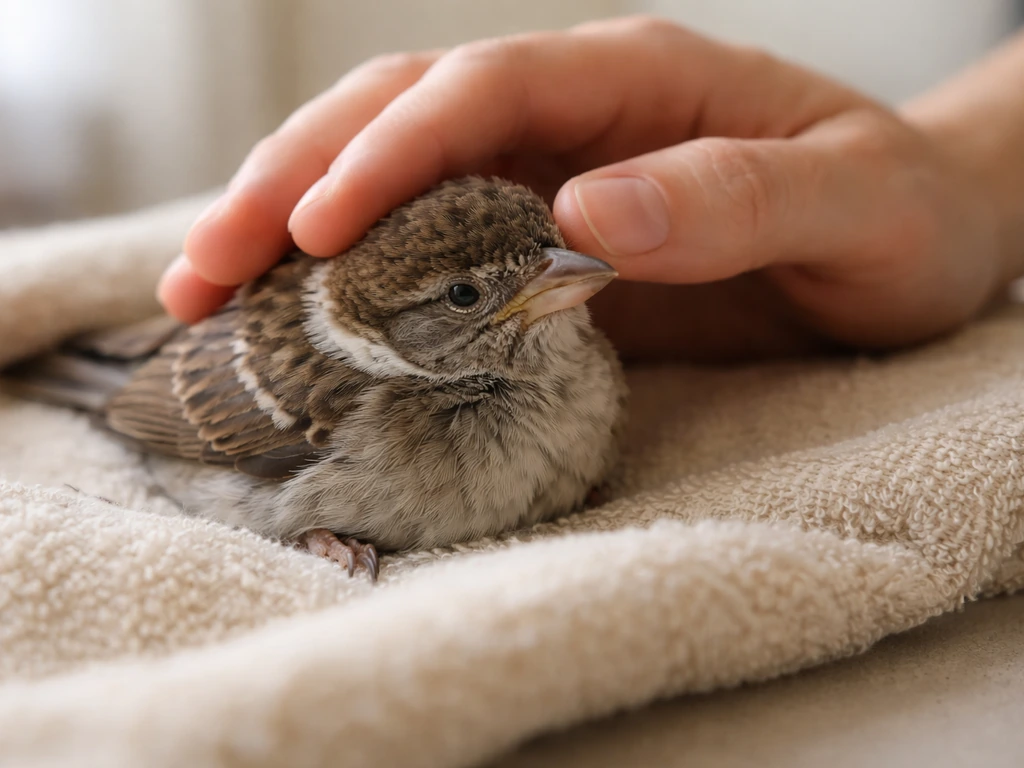 Gently caring hands supporting a small injured bird on a soft towel in warm natural light.