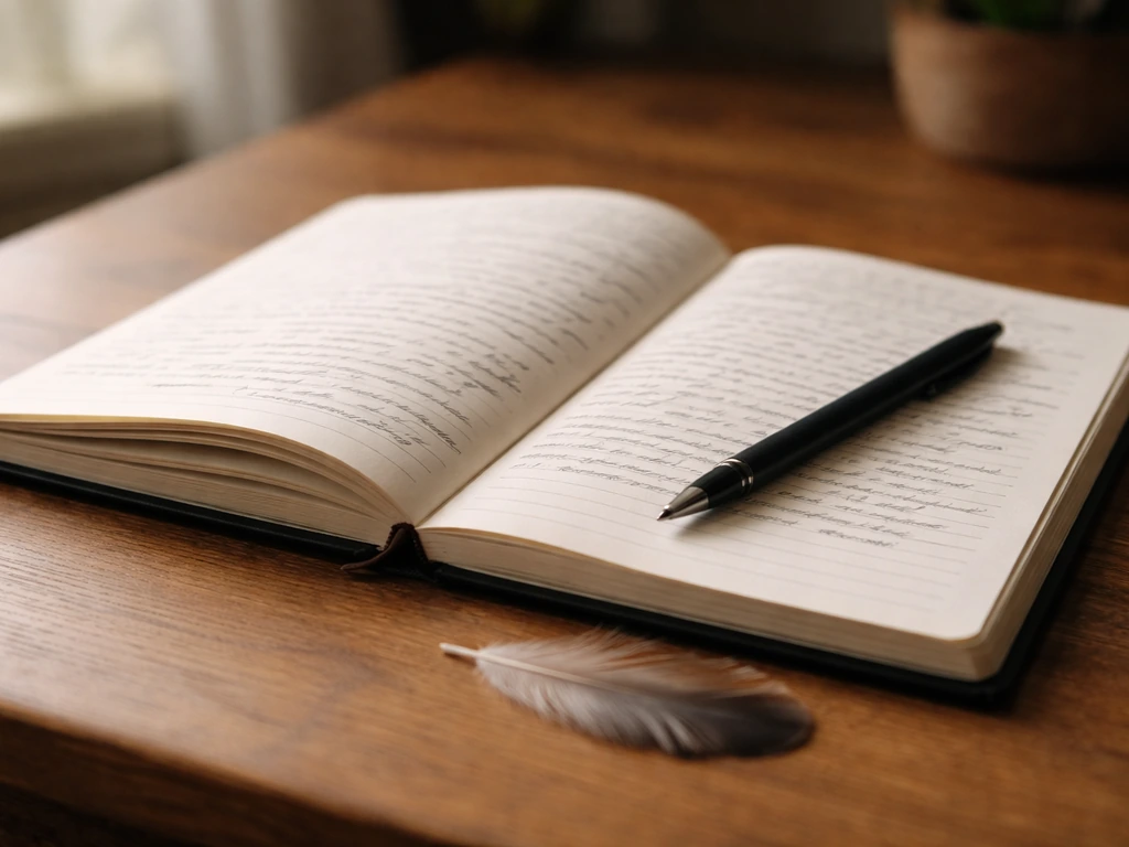Close-up of an open journal with a pen beside a small bird feather on a wooden desk.