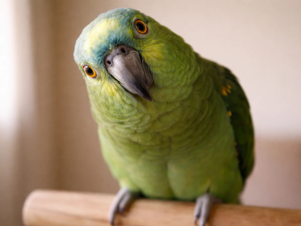 Close-up of a pet parrot with intense eye contact, sitting calmly in soft natural light