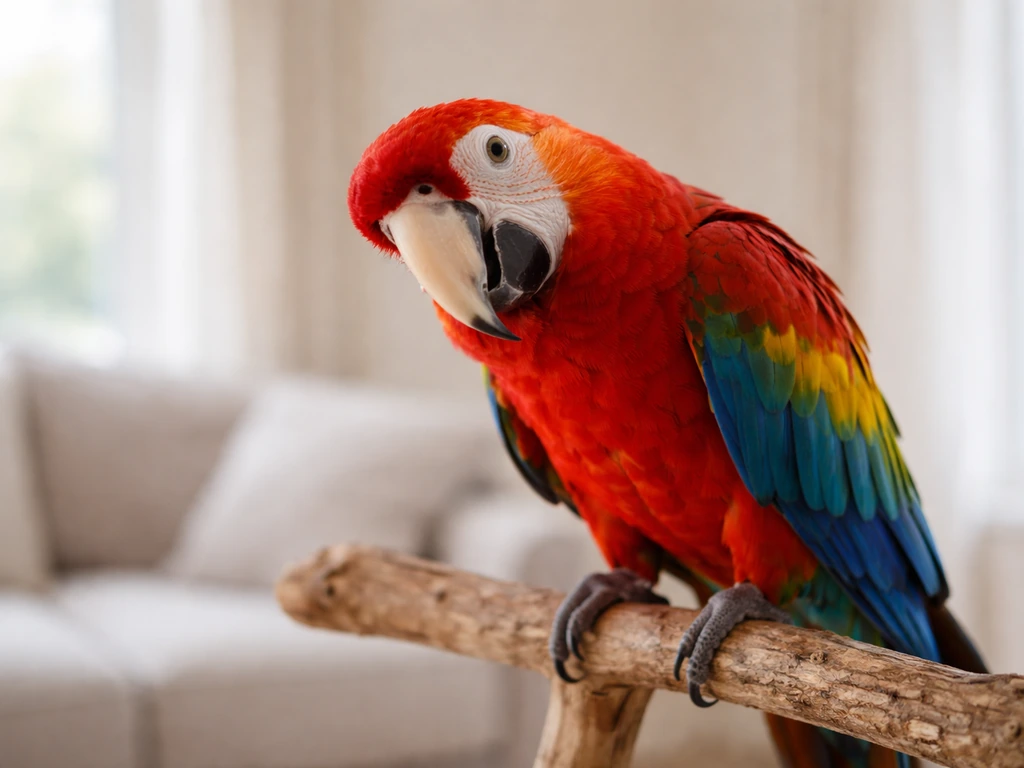 Colorful parrot perched indoors, making curious attentive eye contact in natural light.