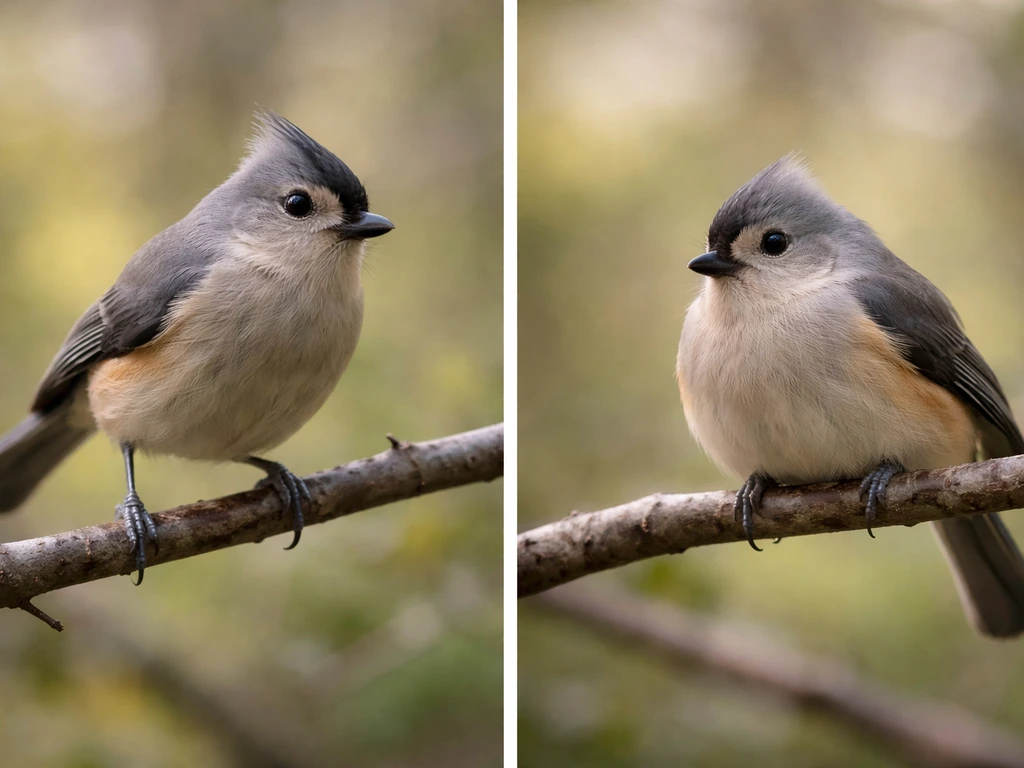 Close-up bird showing stiff forward-lean crest vs relaxed rounded posture on a branch.