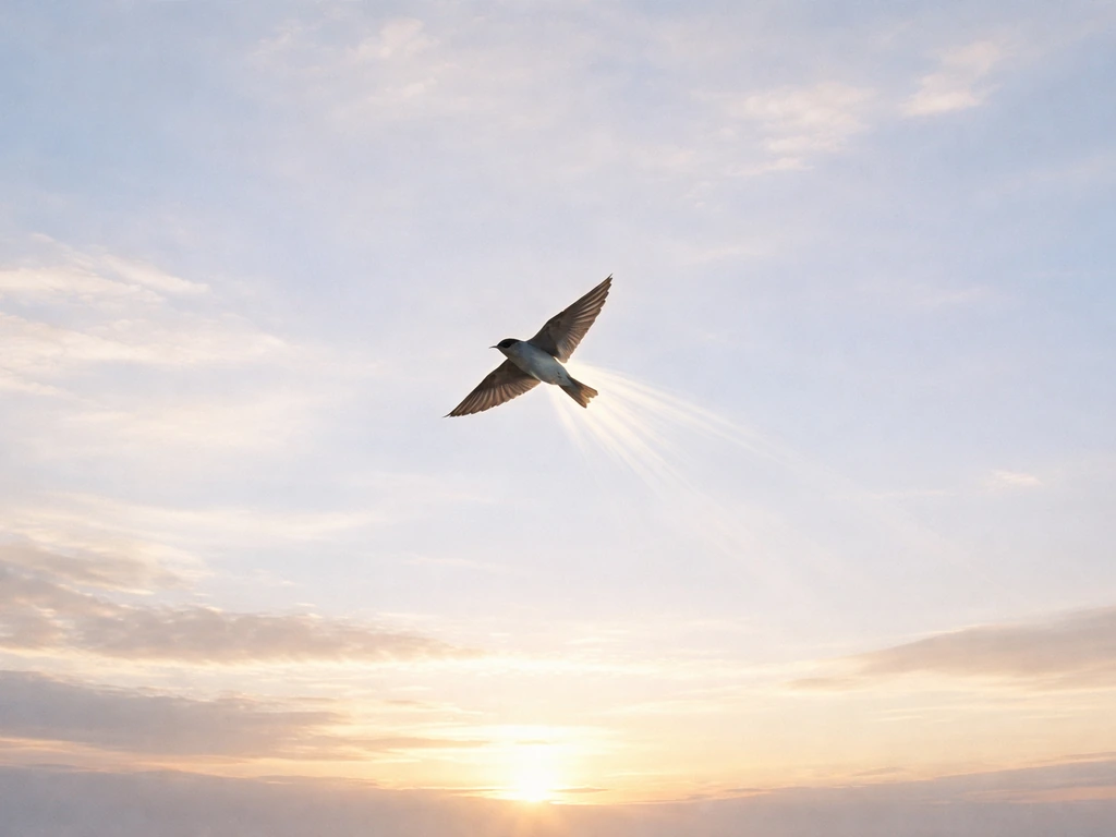 A lone bird glides against a warm sunrise horizon, symbolizing freedom and hope.