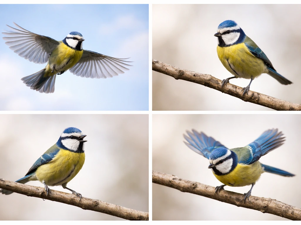 Same small bird shown in four minimal moments: flying freely, perched, singing, and attacking.